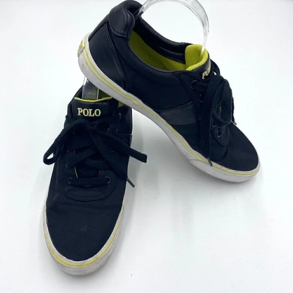 Polo Ralph Lauren Hanford Mens Sneakers 9.5D Canvas/Leather Black w/ Yellow Logo